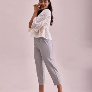 Women Solid Silver Mid Rise Cropped Metallic Pants