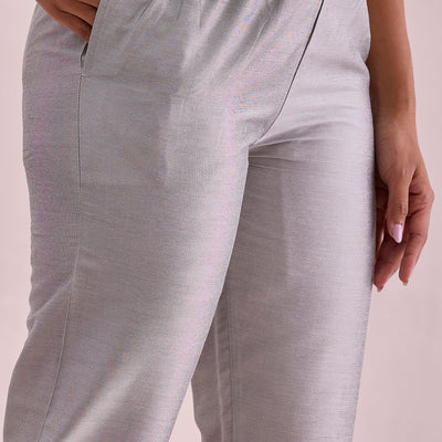 Women Solid Silver Mid Rise Cropped Metallic Pants