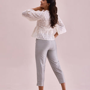 Women Solid Silver Mid Rise Cropped Metallic Pants