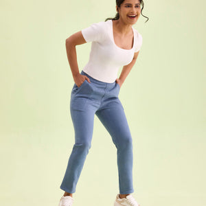 Women Solid Dark Jean Blue Mid Rise Suede Treggings