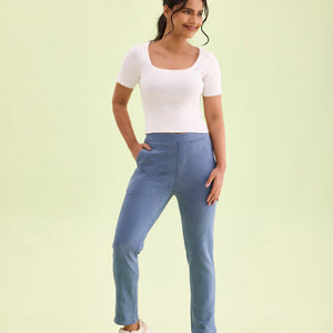 Women Solid Dark Jean Blue Mid Rise Suede Treggings