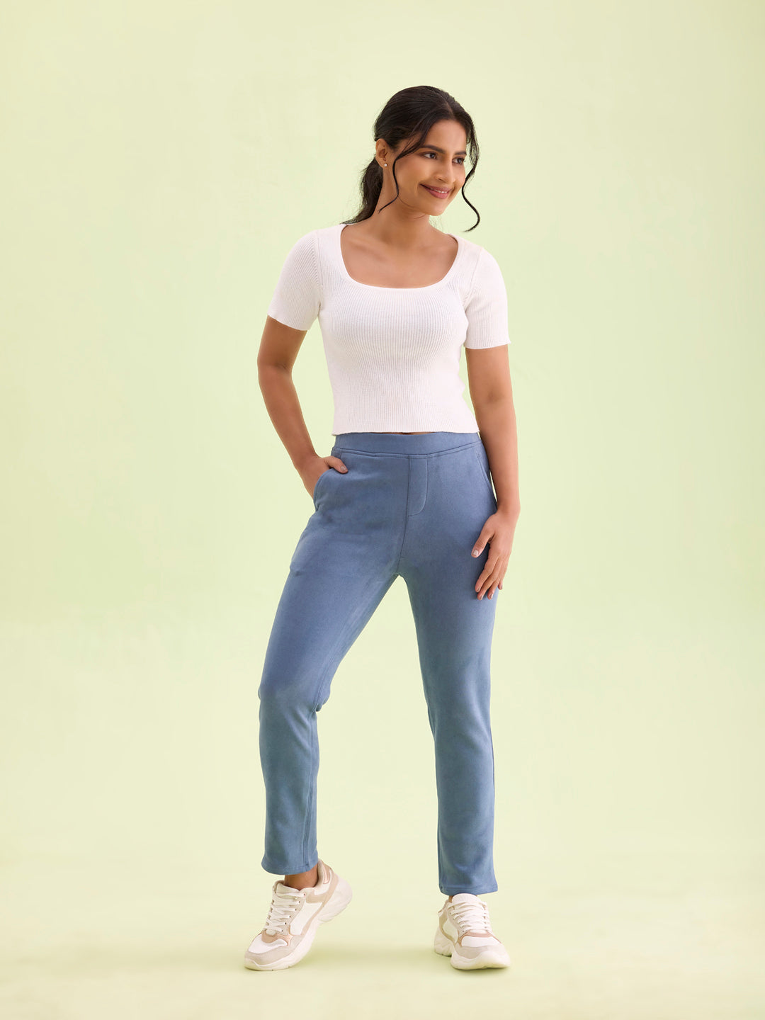 Women Solid Dark Jean Blue Mid Rise Suede Treggings