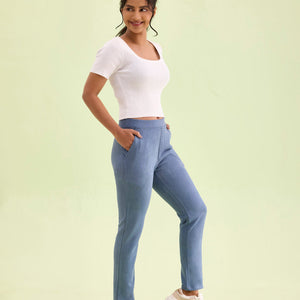 Women Solid Dark Jean Blue Mid Rise Suede Treggings