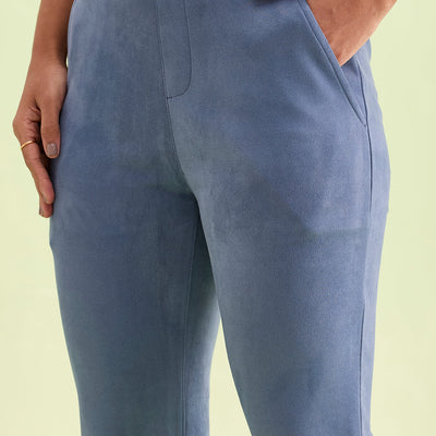 Women Solid Dark Jean Blue Mid Rise Suede Treggings