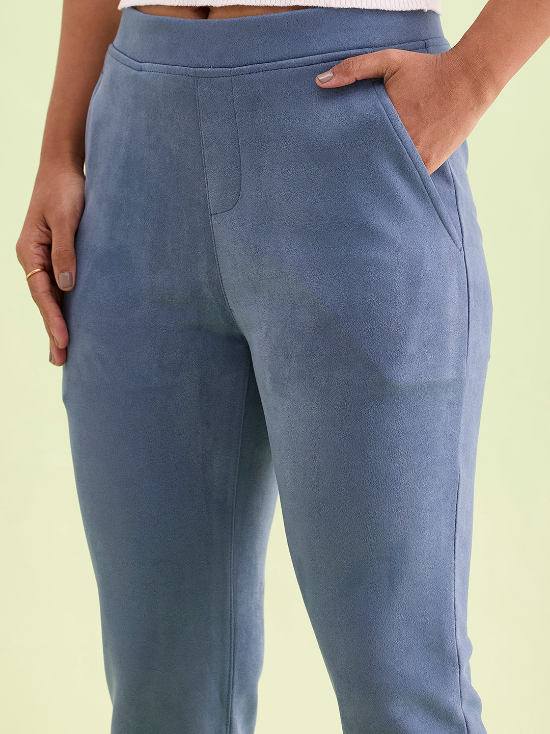 Women Solid Dark Jean Blue Mid Rise Suede Treggings