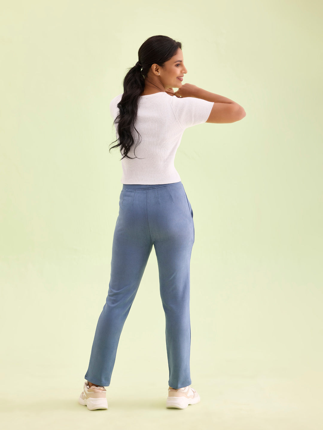 Women Solid Dark Jean Blue Mid Rise Suede Treggings