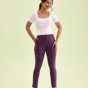 Women Solid Purple Mid Rise Suede Treggings