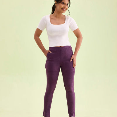 Women Solid Purple Mid Rise Suede Treggings