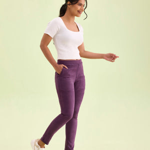Women Solid Purple Mid Rise Suede Treggings