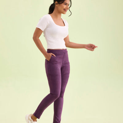 Women Solid Purple Mid Rise Suede Treggings