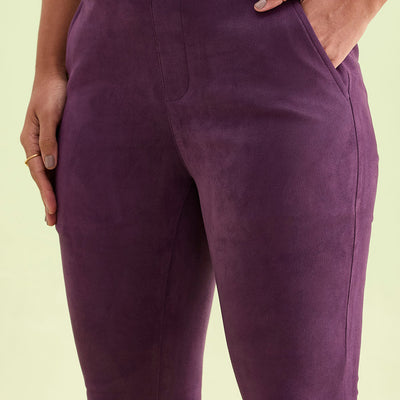 Women Solid Purple Mid Rise Suede Treggings