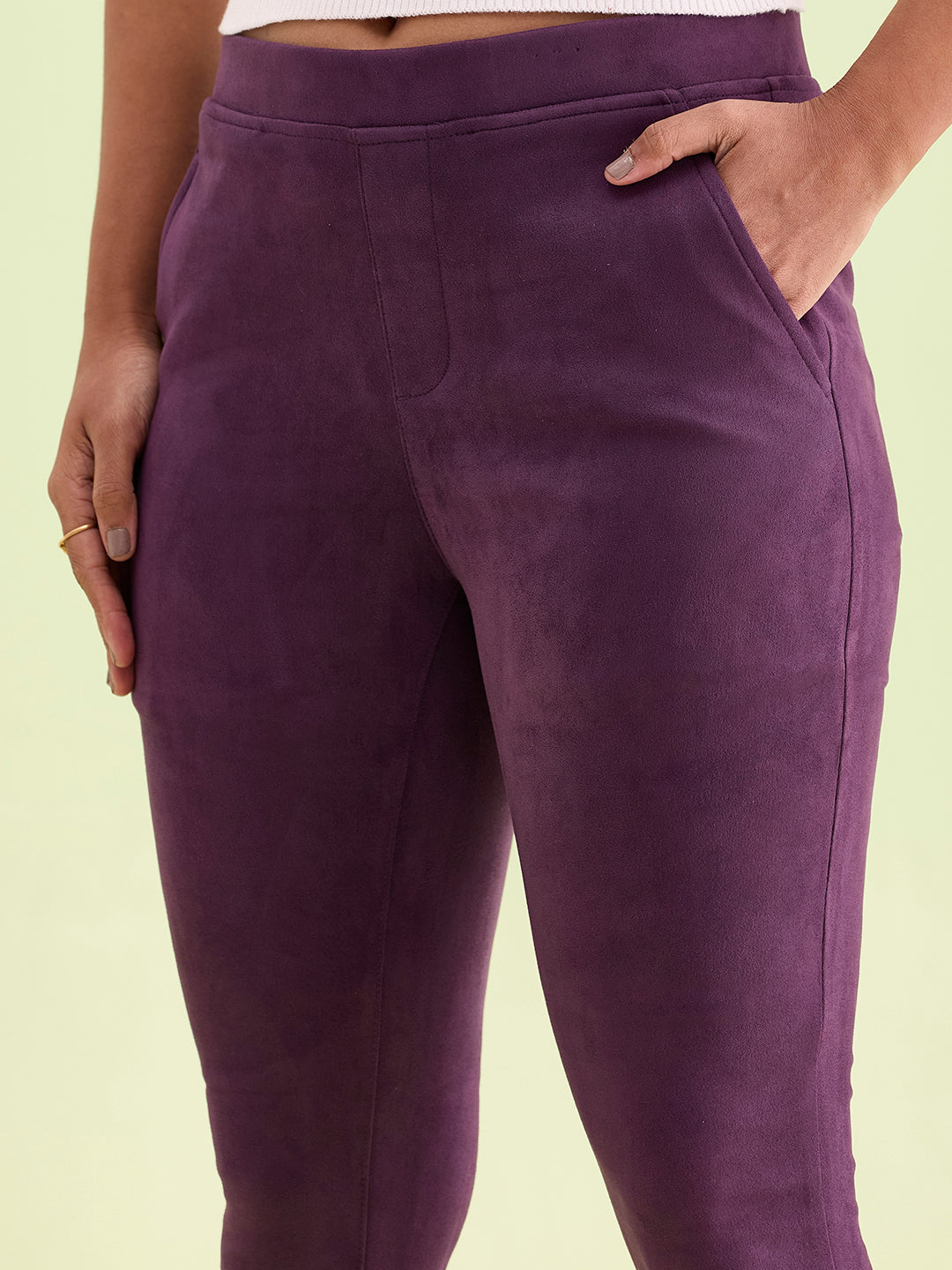 Women Solid Purple Mid Rise Suede Treggings