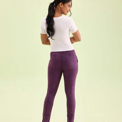 Women Solid Purple Mid Rise Suede Treggings