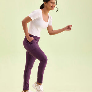 Women Solid Purple Mid Rise Suede Treggings