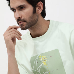 Rare Rabbit Articale Mens Luca Pastel Green Cotton Polyester Fabric Short Sleeve Crew Neck Oversized Fit Graphic Printed T-Shirt