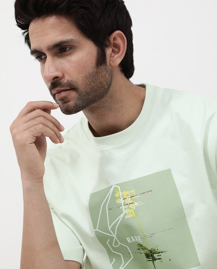 Rare Rabbit Articale Mens Luca Pastel Green Cotton Polyester Fabric Short Sleeve Crew Neck Oversized Fit Graphic Printed T-Shirt