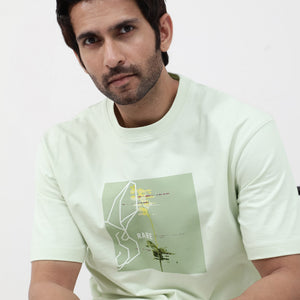 Rare Rabbit Articale Mens Luca Pastel Green Cotton Polyester Fabric Short Sleeve Crew Neck Oversized Fit Graphic Printed T-Shirt