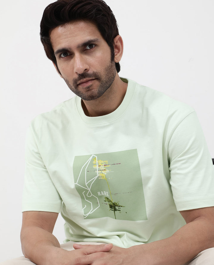 Rare Rabbit Articale Mens Luca Pastel Green Cotton Polyester Fabric Short Sleeve Crew Neck Oversized Fit Graphic Printed T-Shirt