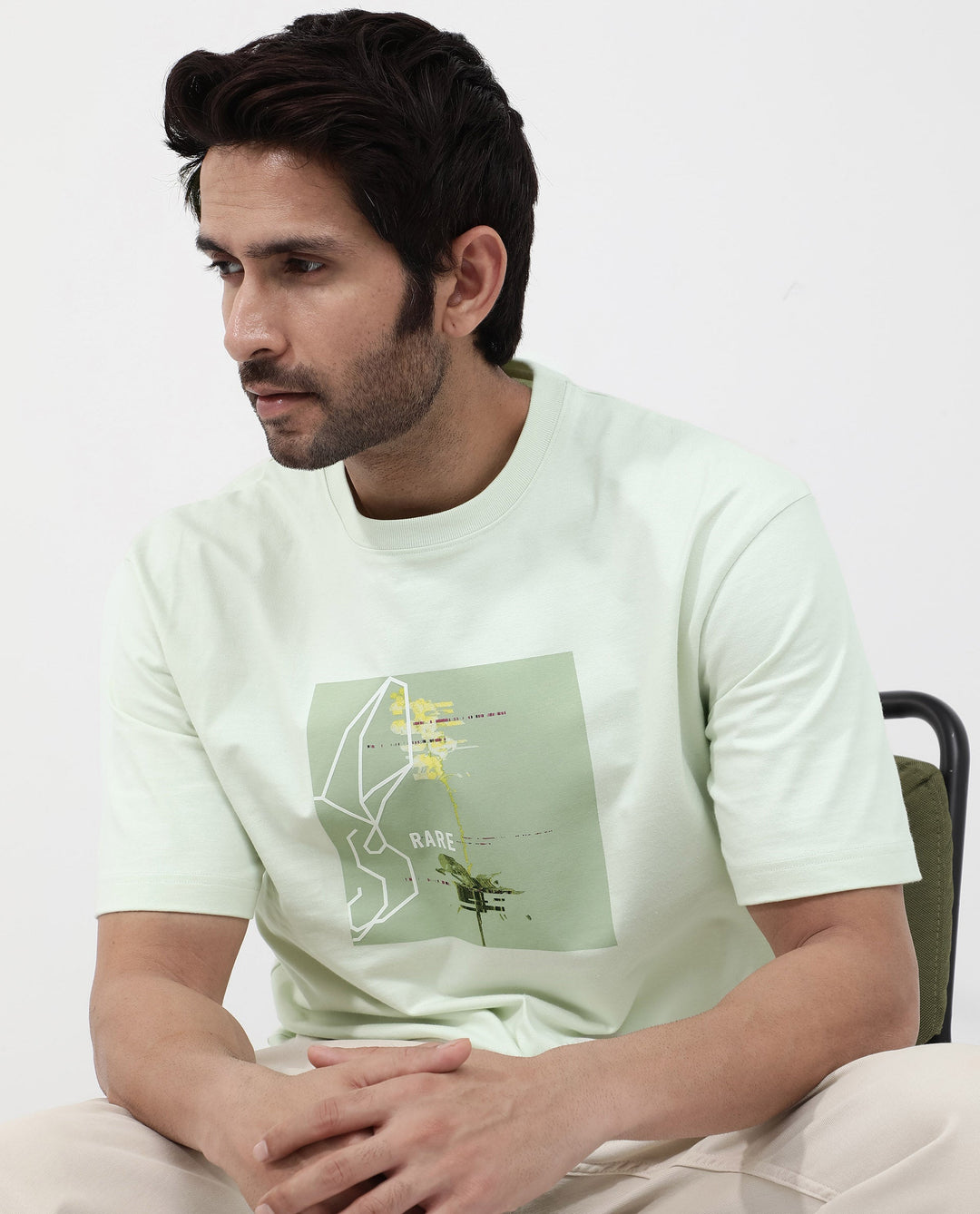 Rare Rabbit Articale Mens Luca Pastel Green Cotton Polyester Fabric Short Sleeve Crew Neck Oversized Fit Graphic Printed T-Shirt