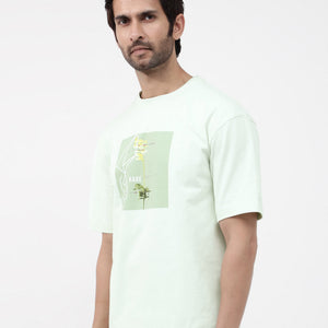 Rare Rabbit Articale Mens Luca Pastel Green Cotton Polyester Fabric Short Sleeve Crew Neck Oversized Fit Graphic Printed T-Shirt