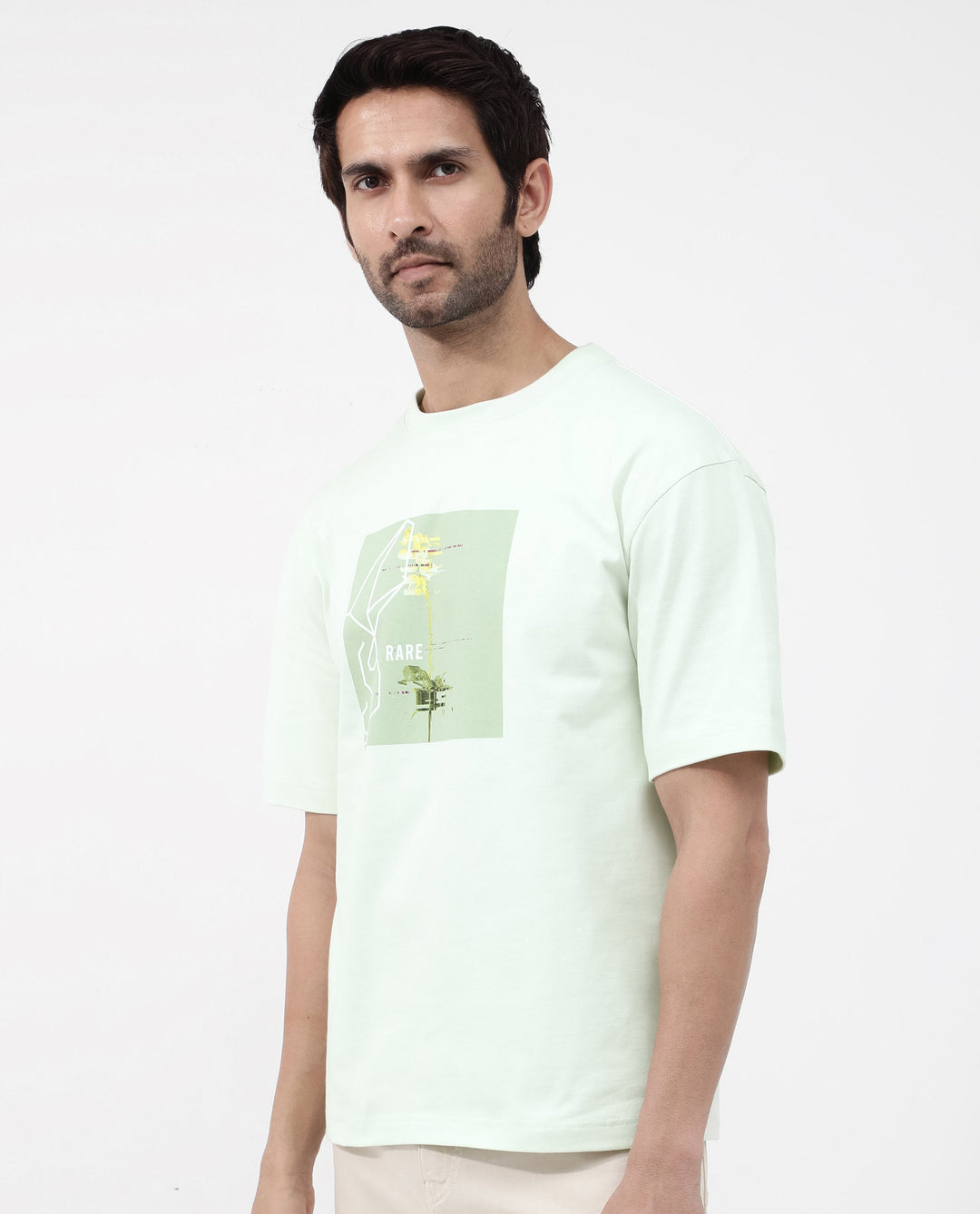 Rare Rabbit Articale Mens Luca Pastel Green Cotton Polyester Fabric Short Sleeve Crew Neck Oversized Fit Graphic Printed T-Shirt