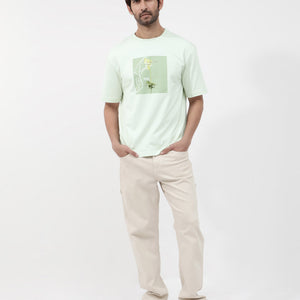Rare Rabbit Articale Mens Luca Pastel Green Cotton Polyester Fabric Short Sleeve Crew Neck Oversized Fit Graphic Printed T-Shirt