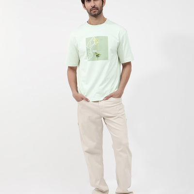 Rare Rabbit Articale Mens Luca Pastel Green Cotton Polyester Fabric Short Sleeve Crew Neck Oversized Fit Graphic Printed T-Shirt