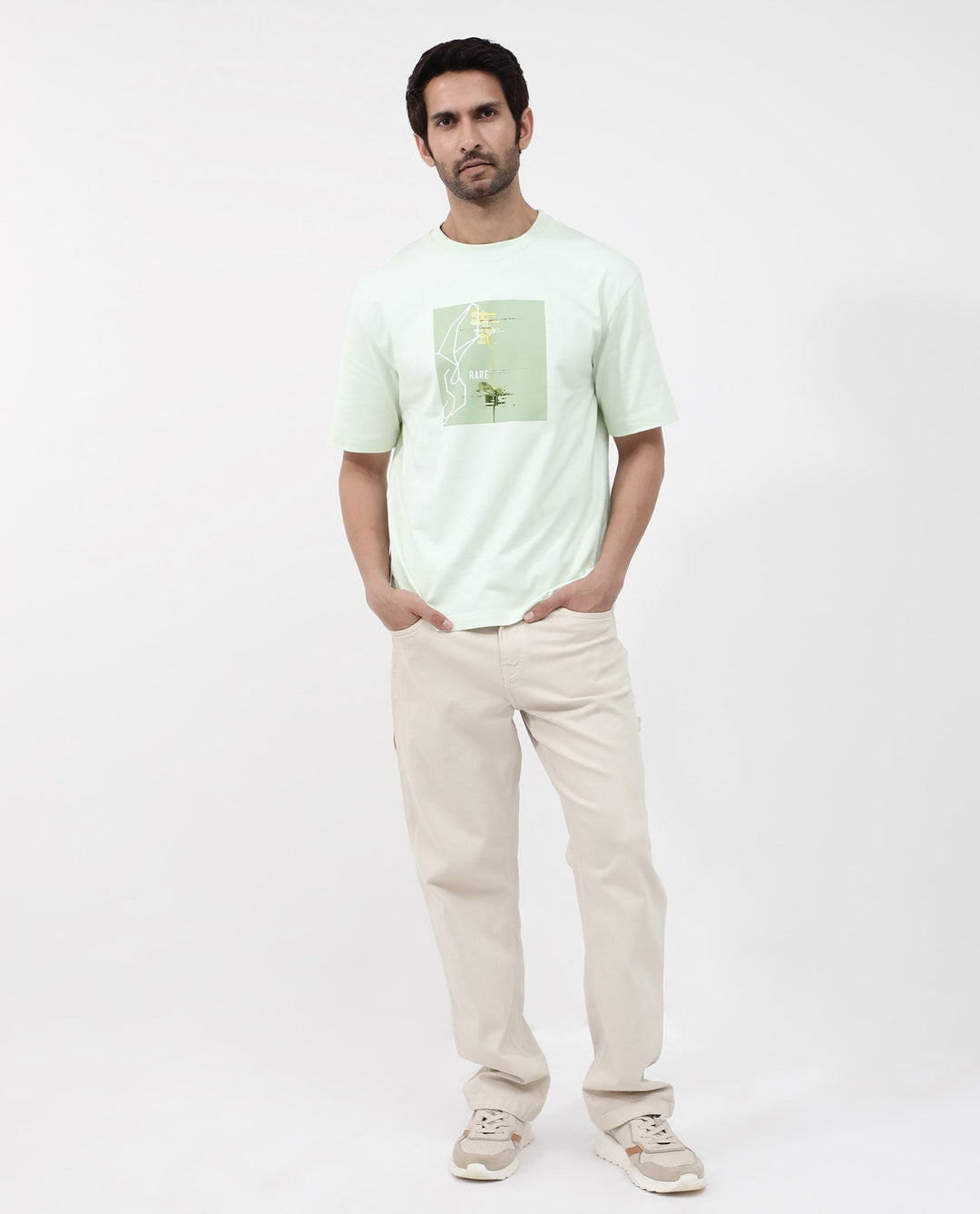 Rare Rabbit Articale Mens Luca Pastel Green Cotton Polyester Fabric Short Sleeve Crew Neck Oversized Fit Graphic Printed T-Shirt