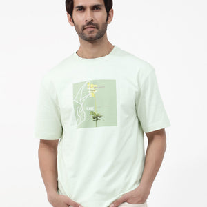 Rare Rabbit Articale Mens Luca Pastel Green Cotton Polyester Fabric Short Sleeve Crew Neck Oversized Fit Graphic Printed T-Shirt