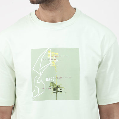 Rare Rabbit Articale Mens Luca Pastel Green Cotton Polyester Fabric Short Sleeve Crew Neck Oversized Fit Graphic Printed T-Shirt