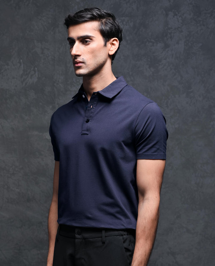 Rare Rabbit Men's Lupin Navy Cotton Lycra Fabric Collared Neck Half Sleeves Polo T-Shirt