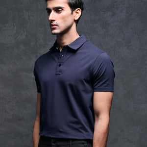 Rare Rabbit Men's Lupin Navy Cotton Lycra Fabric Collared Neck Half Sleeves Polo T-Shirt