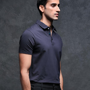 Rare Rabbit Men's Lupin Navy Cotton Lycra Fabric Collared Neck Half Sleeves Polo T-Shirt