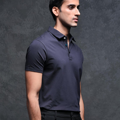 Rare Rabbit Men's Lupin Navy Cotton Lycra Fabric Collared Neck Half Sleeves Polo T-Shirt