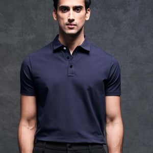 Rare Rabbit Men's Lupin Navy Cotton Lycra Fabric Collared Neck Half Sleeves Polo T-Shirt