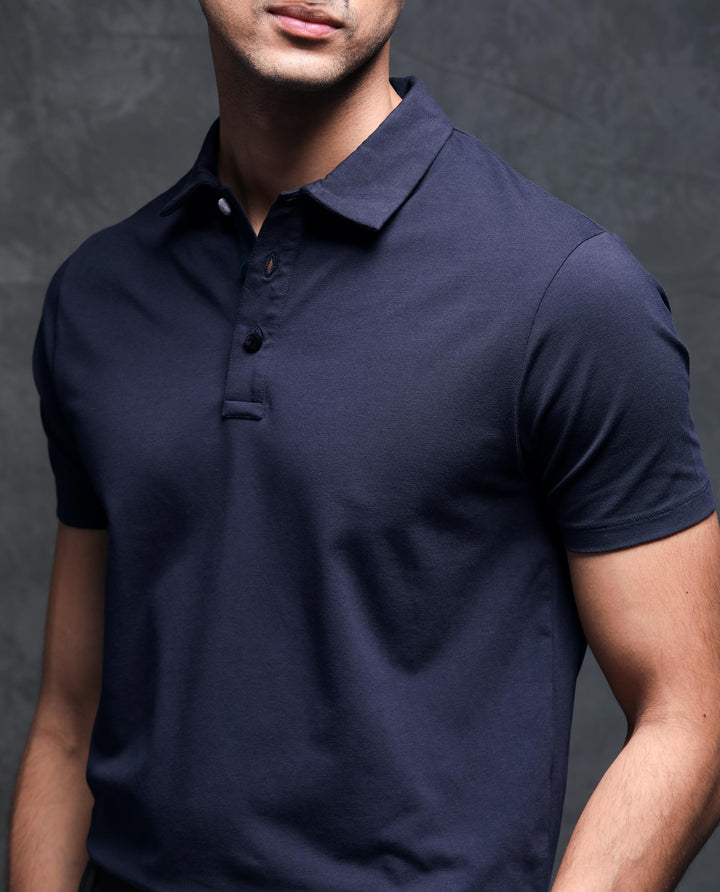 Rare Rabbit Men's Lupin Navy Cotton Lycra Fabric Collared Neck Half Sleeves Polo T-Shirt