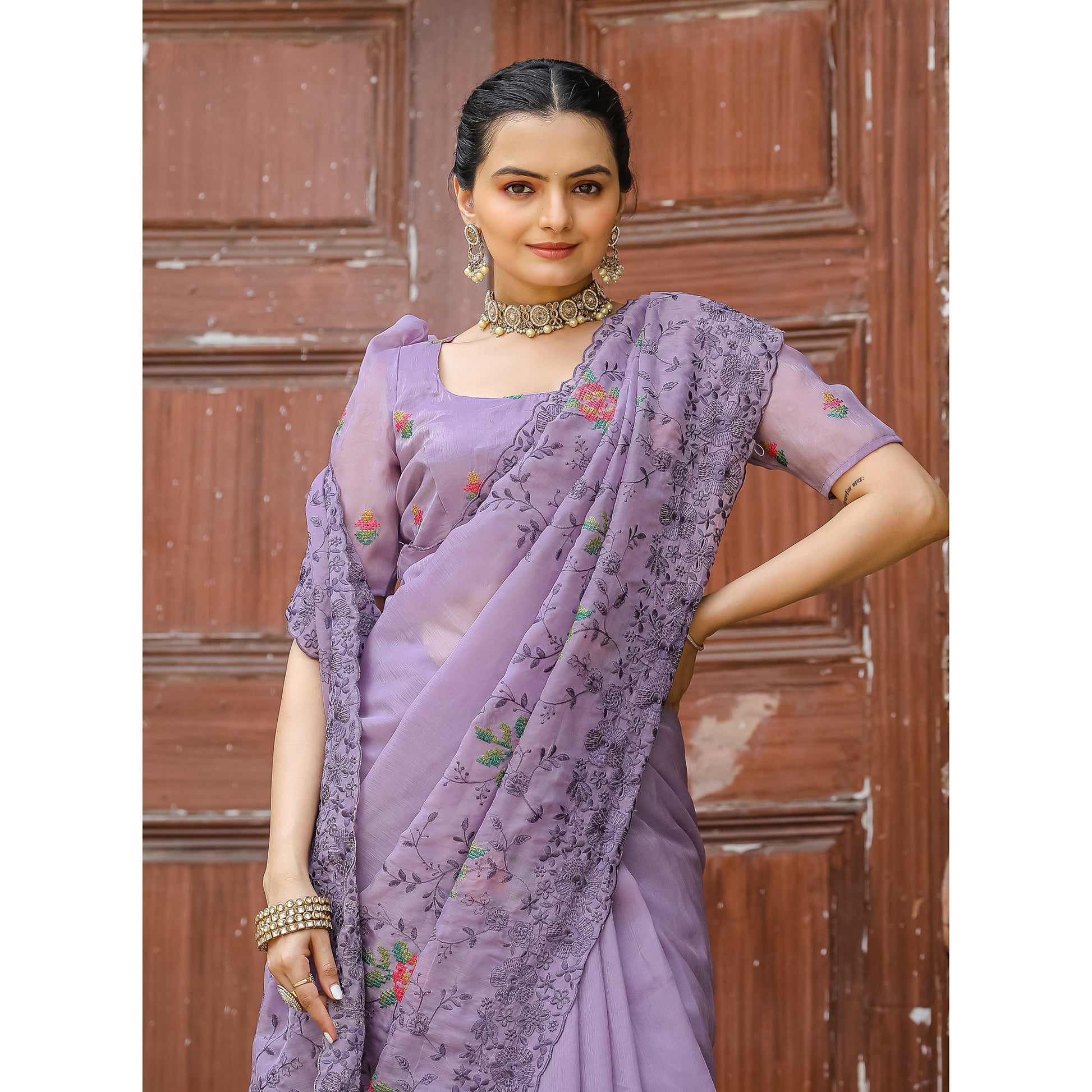 Ankita Lavender Chiffon Handwork Saree