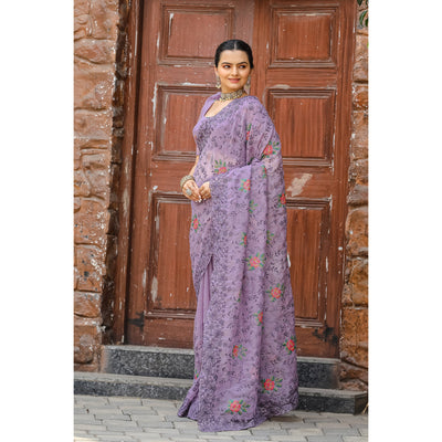 Ankita Lavender Chiffon Handwork Saree