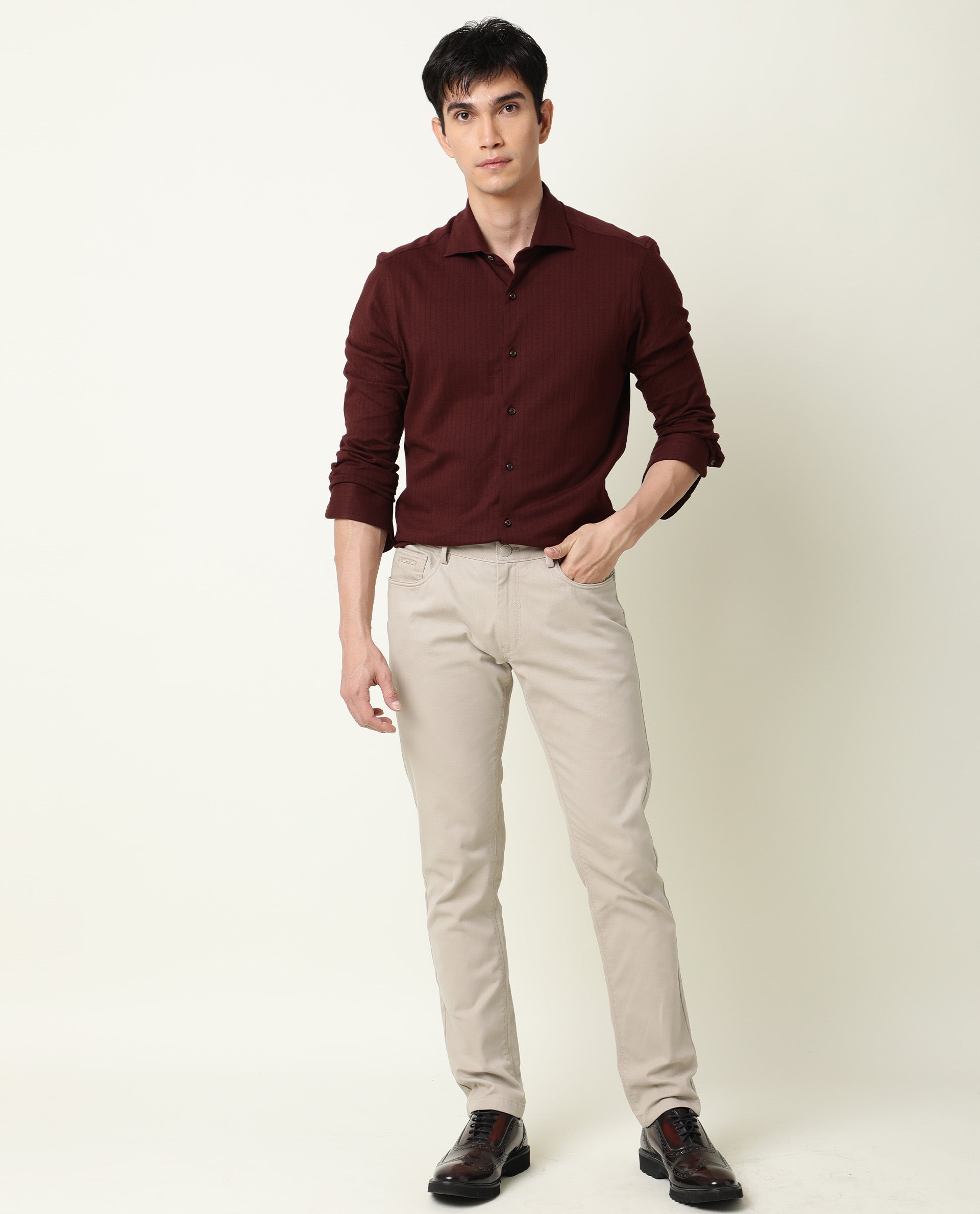 Rare Rabbit Men's Vertical Maroon Cotton Fabric Full Sleeves Striped Shirt