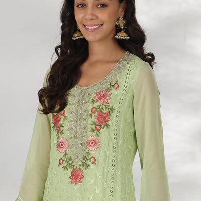 Green Embroidered Organza Straight Suit With Dupatta