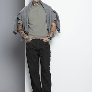 Men's Black Wide Leg Solid Jeans