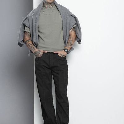 Men's Black Wide Leg Solid Jeans