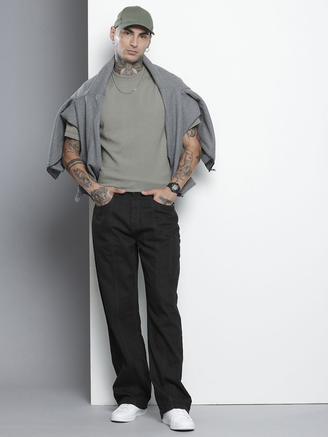 Men's Black Wide Leg Solid Jeans