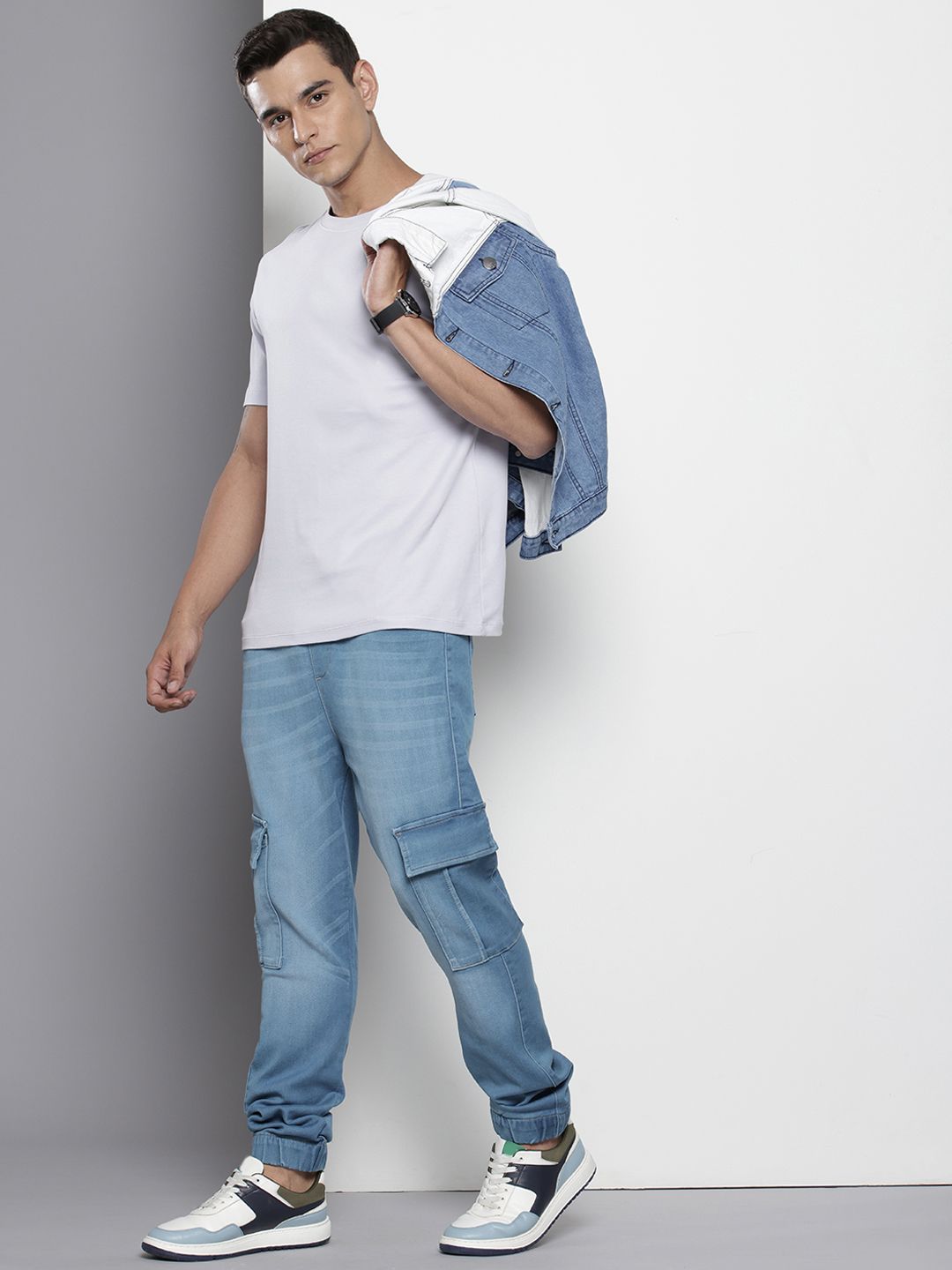 Men's Blue Regular Fit Solid Stretchable Denim Cargo Joggers