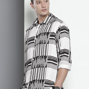 Men's Black Relaxed Fit Geometric Print Resort Wear Shirt