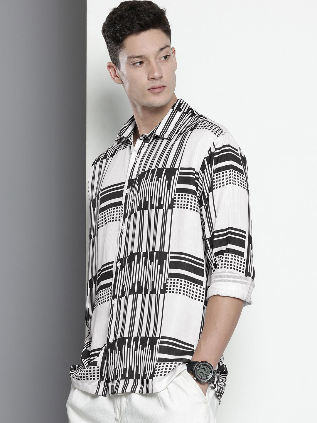 Men's Black Relaxed Fit Geometric Print Resort Wear Shirt