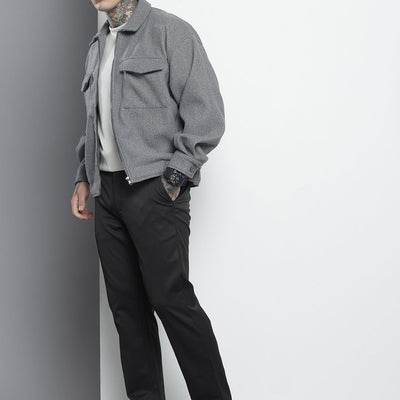 Men's Black Regular Fit Solid Trousers