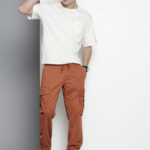 Men's Brown Relaxed Fit Textured Cargo Joggers