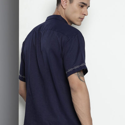 Men's Blue Relaxed Fit Solid Resort Wear Shirt