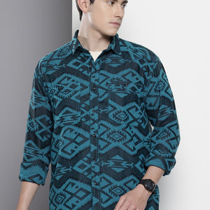 Men's Blue Relaxed Fit Textured Resort Wear Shirt